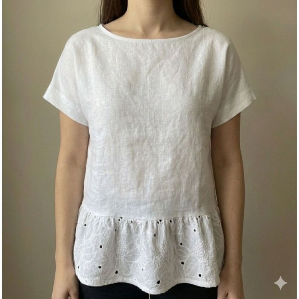 Terzo Millennio White Linen Eyelet Button Boat Neck Short Sleeve Tunic Top Sz S